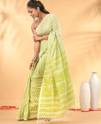 Lime green and white handwoven cotton saree with all-over stripes and textured pallu 2