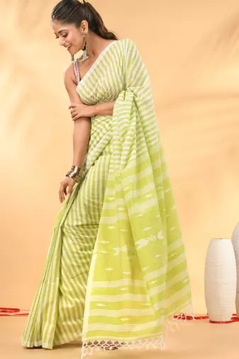 Lime green and white handwoven cotton saree with all-over stripes and textured pallu