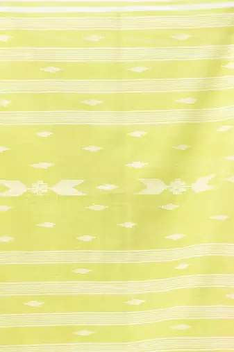 Lime green and white handwoven cotton saree with all-over stripes and textured pallu