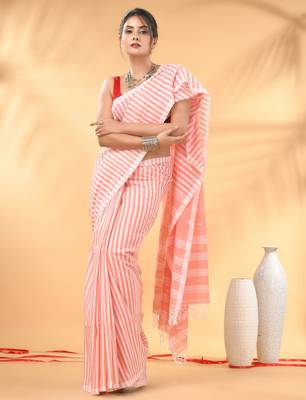 Peach and white handwoven cotton saree with all-over stripes and textured pallu 1