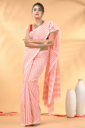 Peach and white handwoven cotton saree with all-over stripes and textured pallu