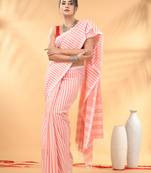 Peach and white handwoven cotton saree with all-over stripes and textured pallu