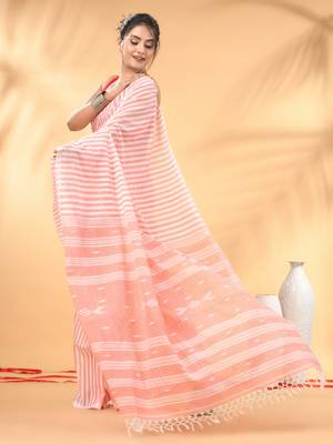 Peach and white handwoven cotton saree with all-over stripes and textured pallu 2