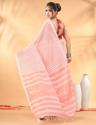 Peach and white handwoven cotton saree with all-over stripes and textured pallu 3