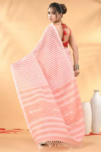 Peach and white handwoven cotton saree with all-over stripes and textured pallu