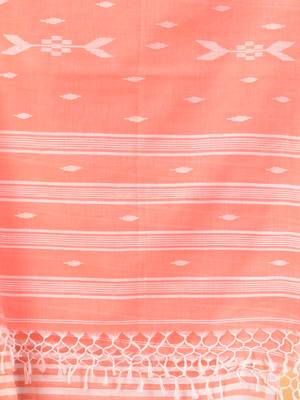 Peach and white handwoven cotton saree with all-over stripes and textured pallu 4