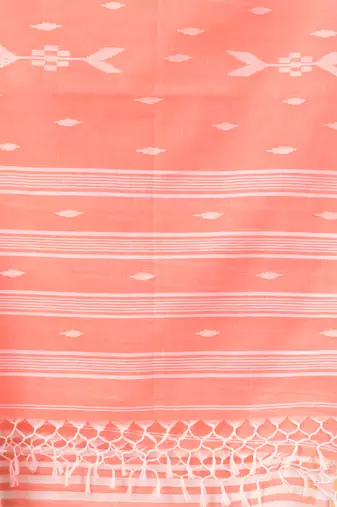 Peach and white handwoven cotton saree with all-over stripes and textured pallu