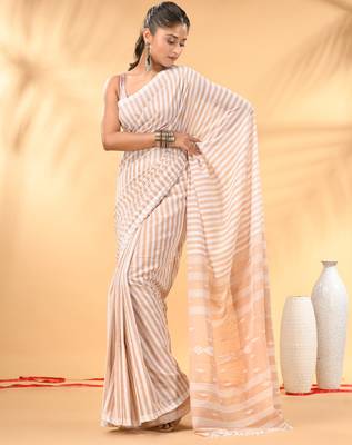 Beige and white handwoven cotton saree with all-over stripes and textured pallu 1