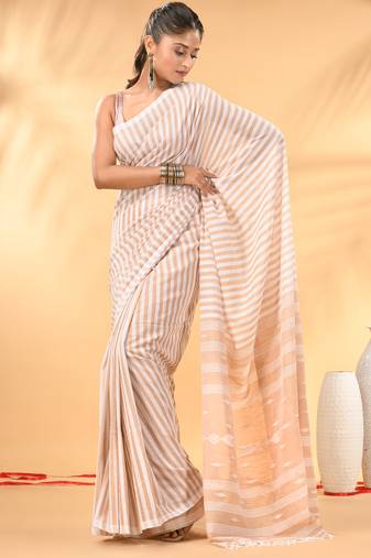 Beige and white handwoven cotton saree with all-over stripes and textured pallu