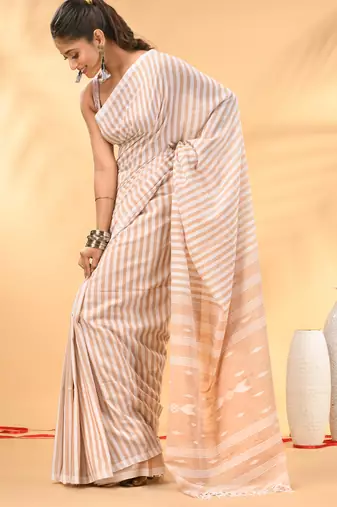 Beige and white handwoven cotton saree with all-over stripes and textured pallu
