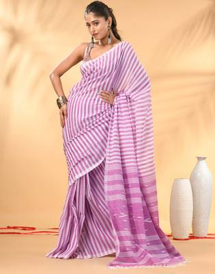 Lavender and white handwoven cotton saree with all-over stripes and textured pallu 1