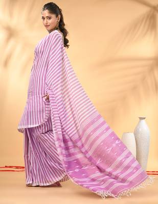 Lavender and white handwoven cotton saree with all-over stripes and textured pallu 2