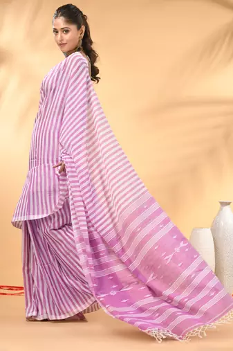 Lavender and white handwoven cotton saree with all-over stripes and textured pallu