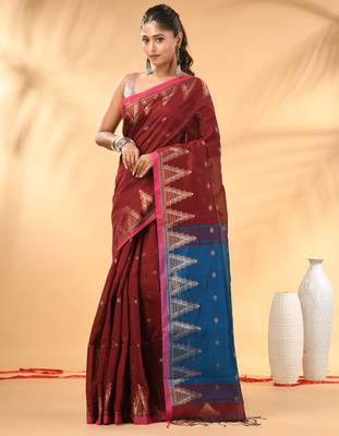 Maroon and blue cotton blend saree with ethnic motifs 1