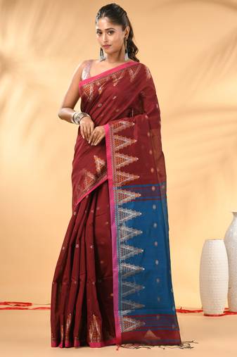 Maroon and blue cotton blend saree with ethnic motifs