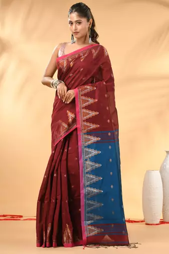 Maroon and blue cotton blend saree with ethnic motifs