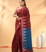 Maroon and blue cotton blend saree with ethnic motifs