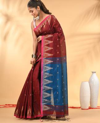 Maroon and blue cotton blend saree with ethnic motifs 2
