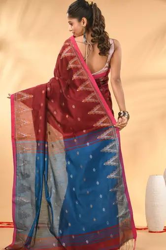 Maroon and blue cotton blend saree with ethnic motifs