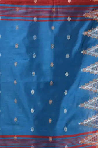 Maroon and blue cotton blend saree with ethnic motifs