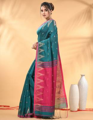 Teal and pink cotton blend saree with ethnic motifs 2