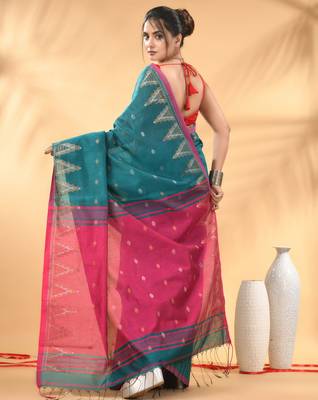Teal and pink cotton blend saree with ethnic motifs 3