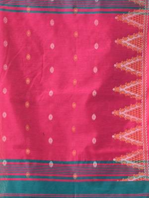 Teal and pink cotton blend saree with ethnic motifs 4