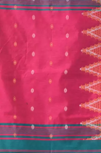 Teal and pink cotton blend saree with ethnic motifs