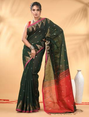 Green and red cotton blend saree with ethnic motifs 1