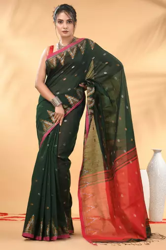 Green and red cotton blend saree with ethnic motifs