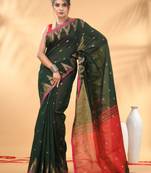 Green and red cotton blend saree with ethnic motifs