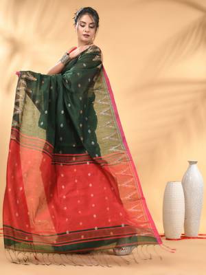 Green and red cotton blend saree with ethnic motifs 2