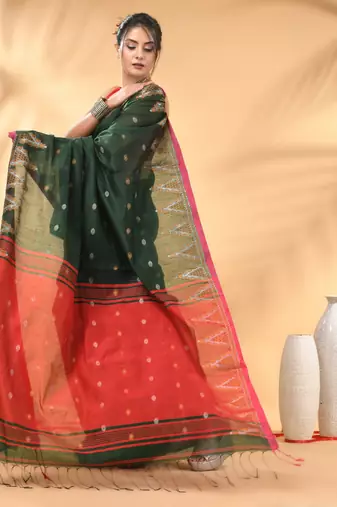 Green and red cotton blend saree with ethnic motifs