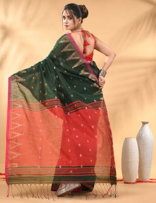 Green and red cotton blend saree with ethnic motifs 3