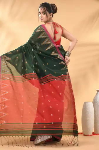 Green and red cotton blend saree with ethnic motifs
