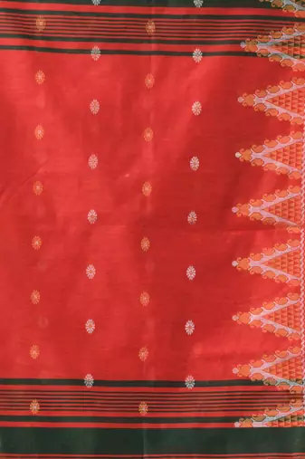 Green and red cotton blend saree with ethnic motifs
