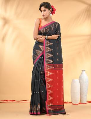 Charcoal and red cotton blend saree with ethnic motifs 1