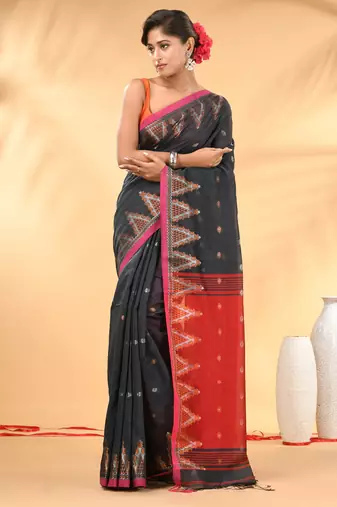 Charcoal and red cotton blend saree with ethnic motifs