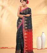 Charcoal and red cotton blend saree with ethnic motifs