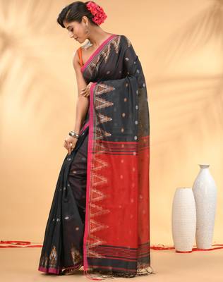 Charcoal and red cotton blend saree with ethnic motifs 2