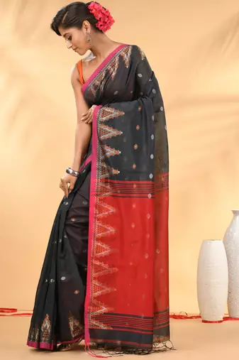 Charcoal and red cotton blend saree with ethnic motifs