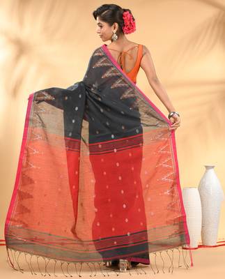 Charcoal and red cotton blend saree with ethnic motifs 3