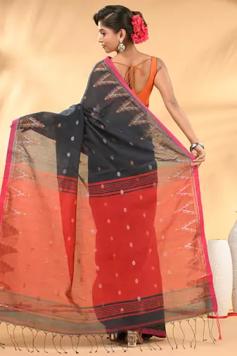 Charcoal and red cotton blend saree with ethnic motifs
