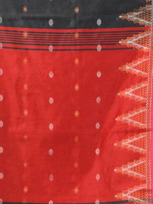Charcoal and red cotton blend saree with ethnic motifs 4