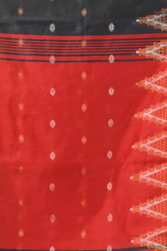 Charcoal and red cotton blend saree with ethnic motifs