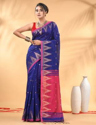 Royal blue and pink cotton blend saree with ethnic motifs 1