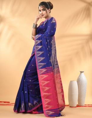 Royal blue and pink cotton blend saree with ethnic motifs 2