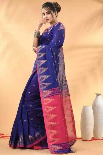 Royal blue and pink cotton blend saree with ethnic motifs