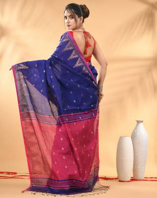 Royal blue and pink cotton blend saree with ethnic motifs 3