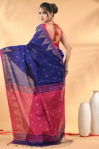 Royal blue and pink cotton blend saree with ethnic motifs